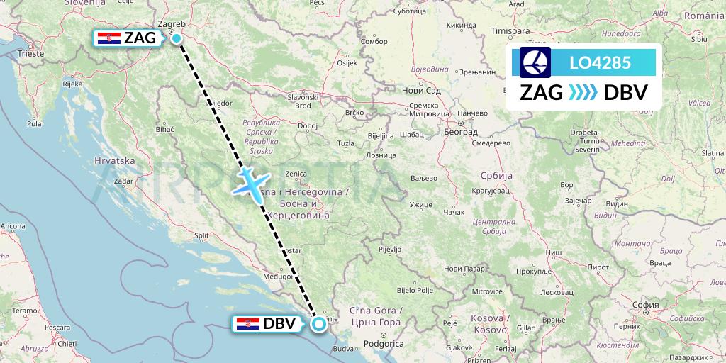 LO4285 LOT Flight Map: Zagreb to Dubrovnik