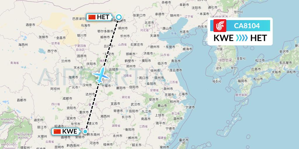 CA8104 Air China Flight Map: Guiyang to Hohhot