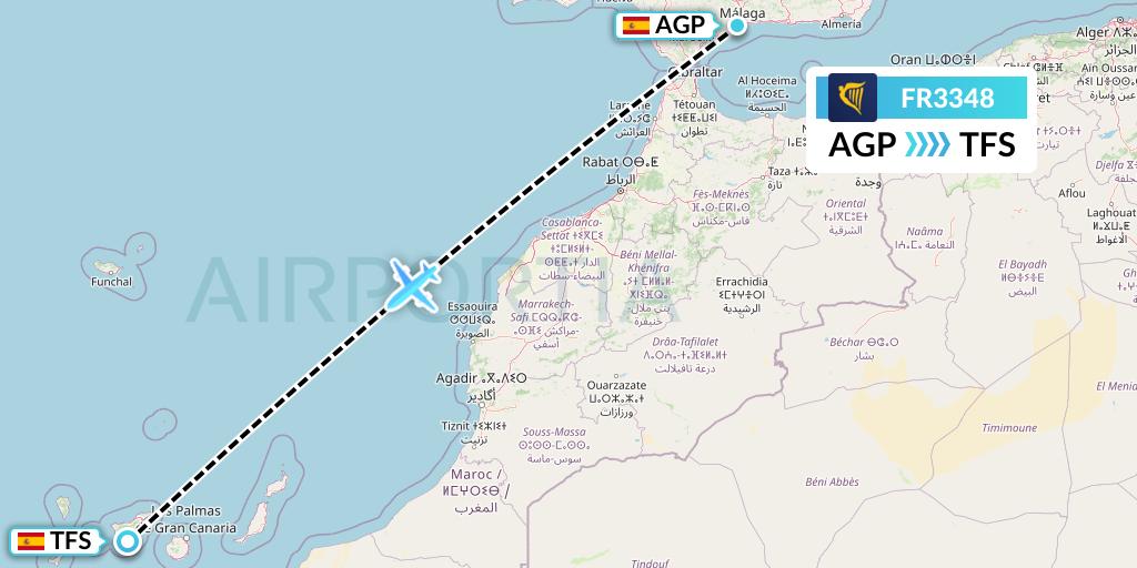 FR3348 Ryanair Flight Map: Malaga to Tenerife