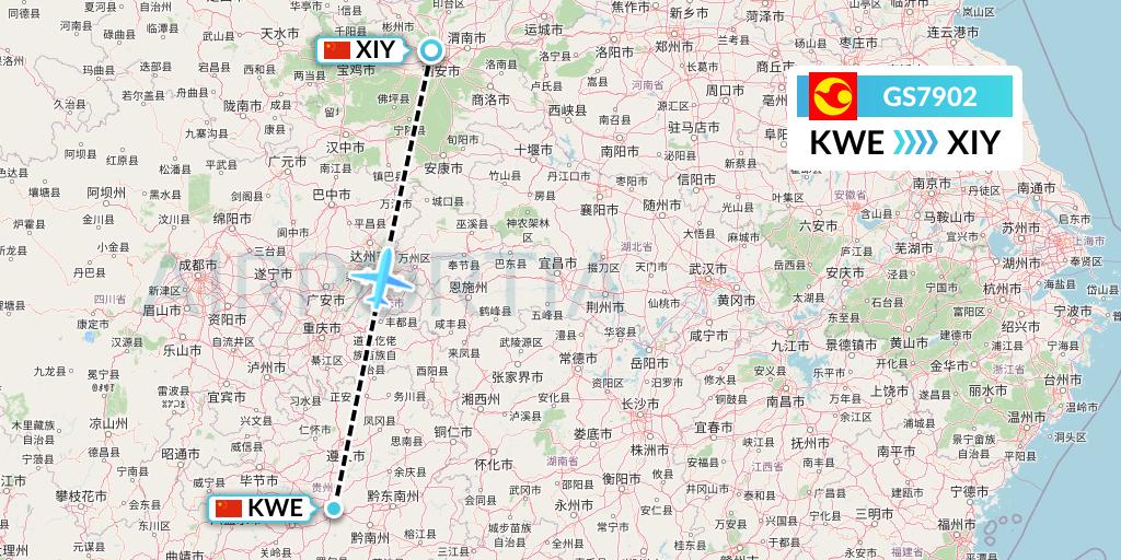 GS7902 Tianjin Airlines Flight Map: Guiyang to Xi'an