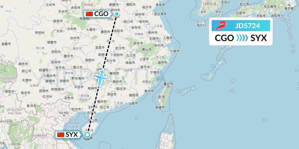 JD5724 Capital Airlines Flight Map: Zhengzhou to Sanya