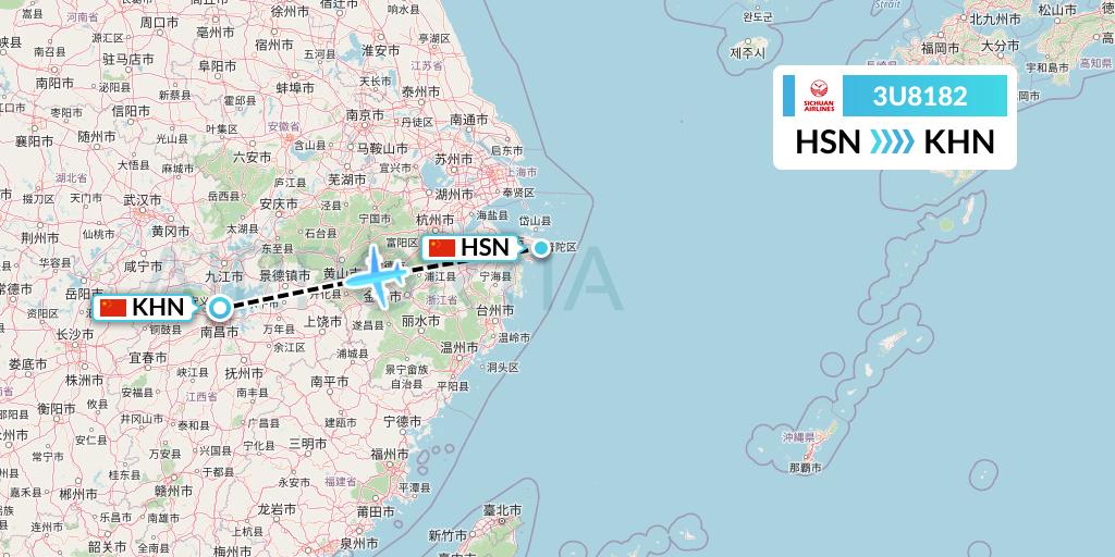 3U8182 Sichuan Airlines Flight Map: Zhoushan to Nanchang