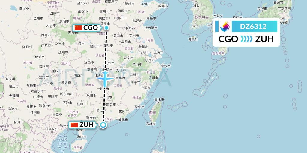 DZ6312 Donghai Airlines Flight Map: Zhengzhou to Zhuhai