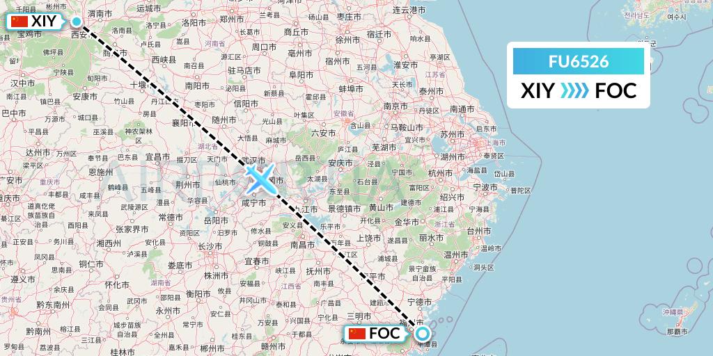 FU6526 Fuzhou Airlines Flight Map: Xi'an to Fuzhou