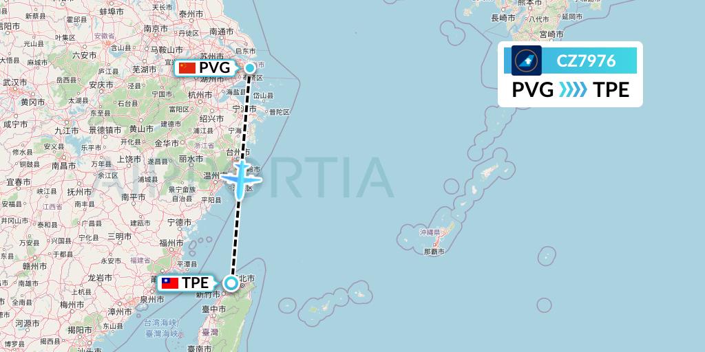 CZ7976 China Southern Airlines Flight Map: Shanghai to Taipei