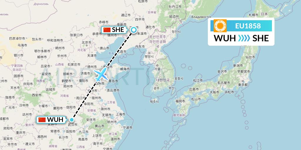 EU1858 Chengdu Airlines Flight Map: Wuhan to Shenyang