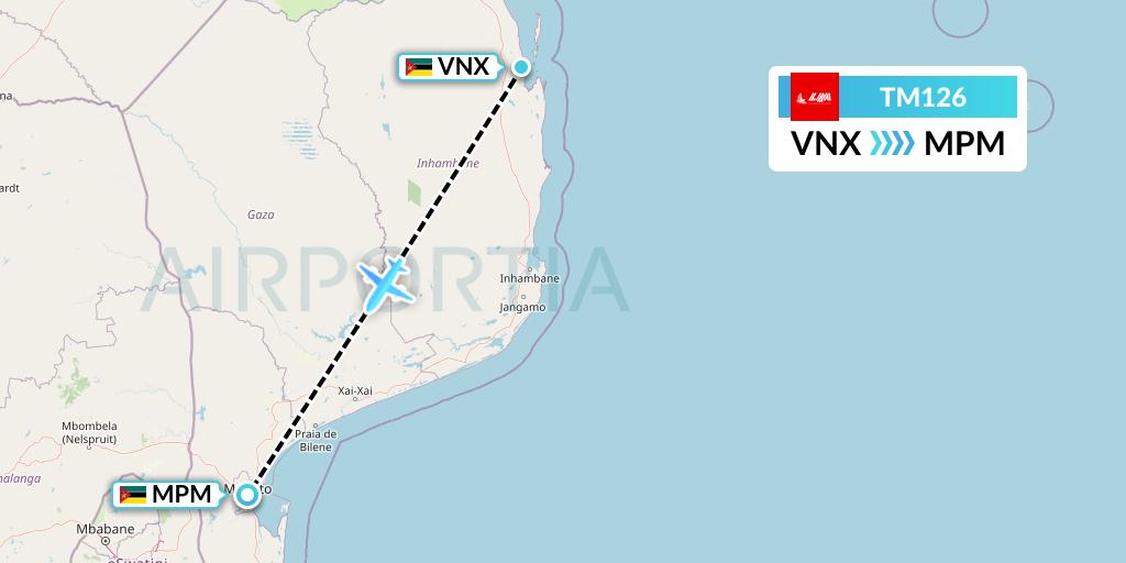 TM126 LAM Mozambique Airlines Flight Map: Vilankulo to Maputo