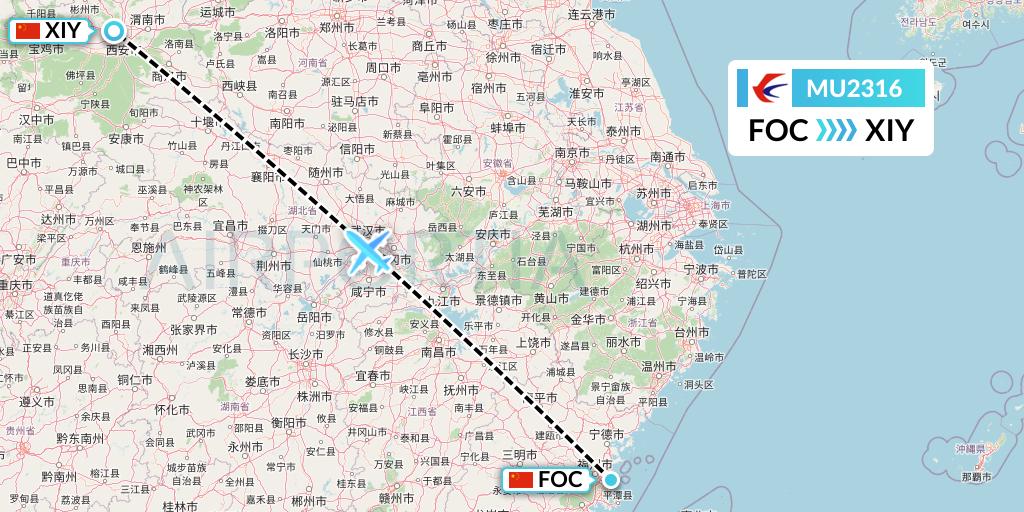 MU2316 China Eastern Airlines Flight Map: Fuzhou to Xi'an