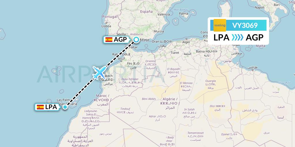 VY3069 Vueling Flight Map: Las Palmas to Malaga