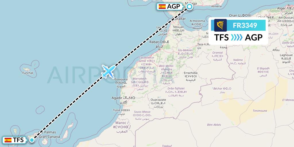 FR3349 Ryanair Flight Map: Tenerife to Malaga