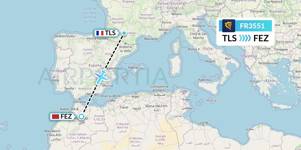 FR3551 Ryanair Flight Map: Toulouse to Fes