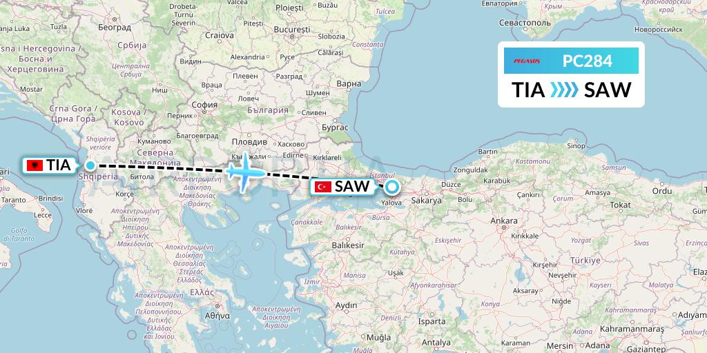 PC284 Pegasus Airlines Flight Map: Tirana to Istanbul