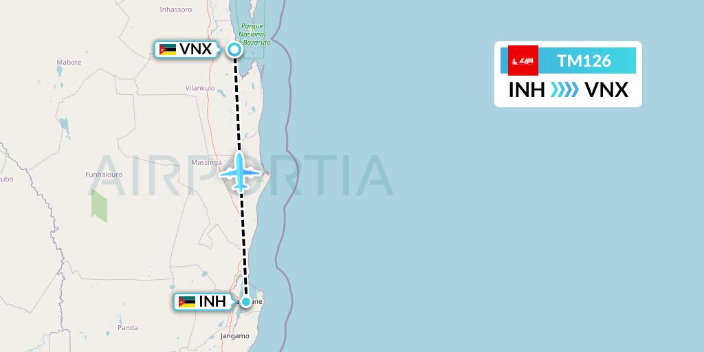 TM126 LAM Mozambique Airlines Flight Map: Inhambane to Vilankulo