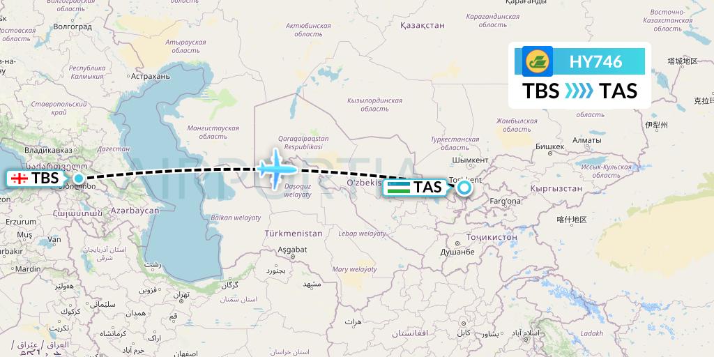 HY746 Uzbekistan Airways Flight Map: Tbilisi to Tashkent