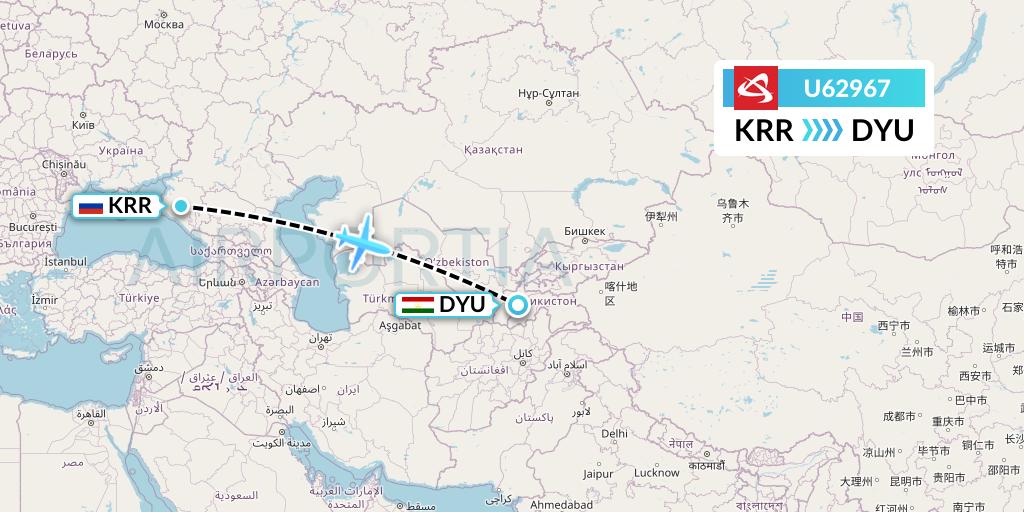 U62967 Ural Airlines Flight Map: Krasnodar to Dushanbe