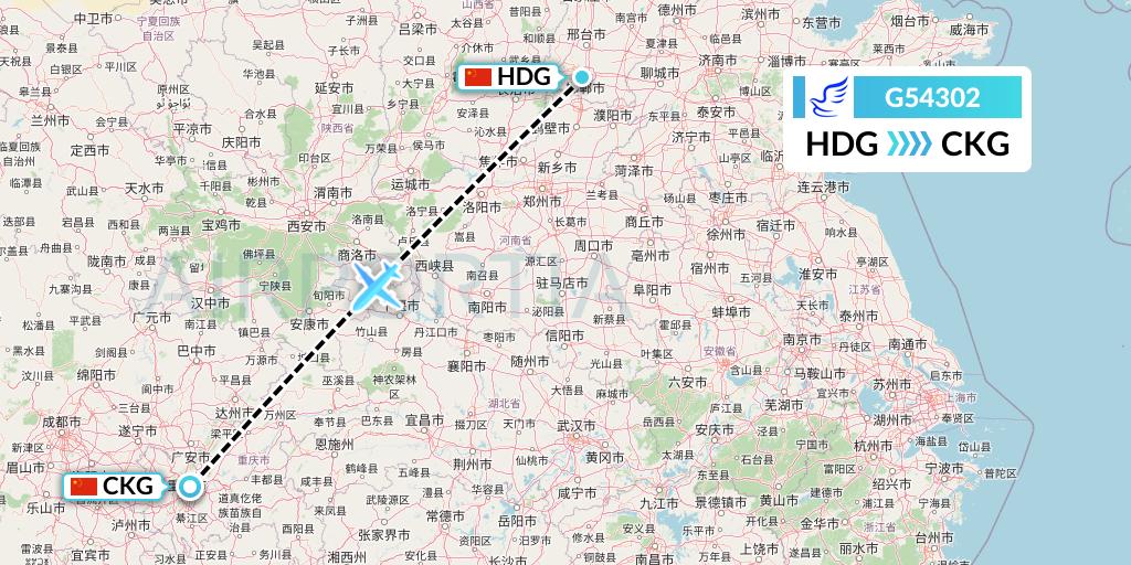 G54302 China Express Airlines Flight Map: Handan to Chongqing