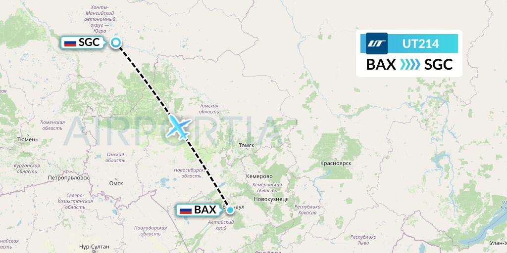 UT214 UTair Flight Map: Barnaul to Surgut