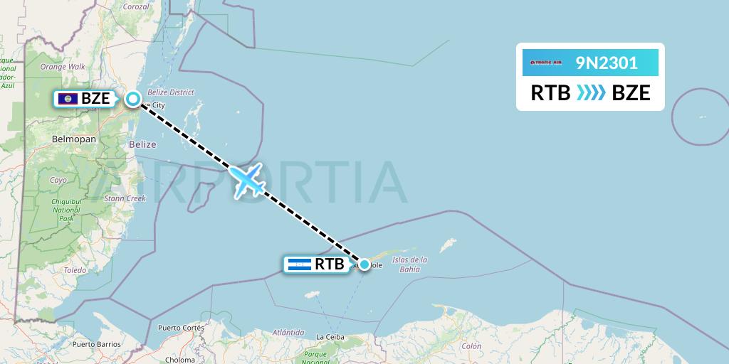 9N2301 Tropic Air Flight Map: Roatan to Belize City