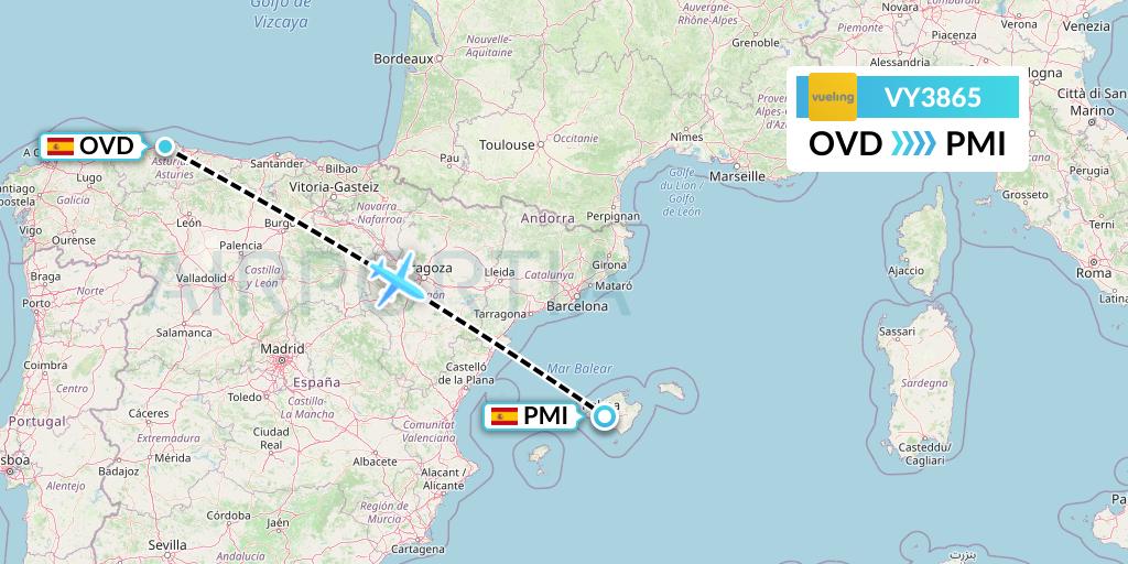 VY3865 Vueling Flight Map: Asturias to Palma de Mallorca