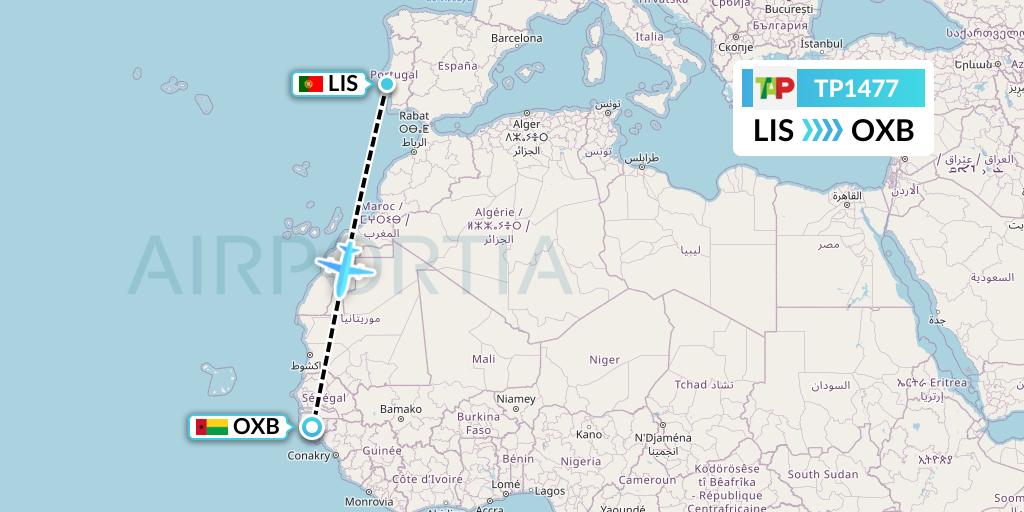 TP1477 TAP Portugal Flight Map: Lisbon to Bissau