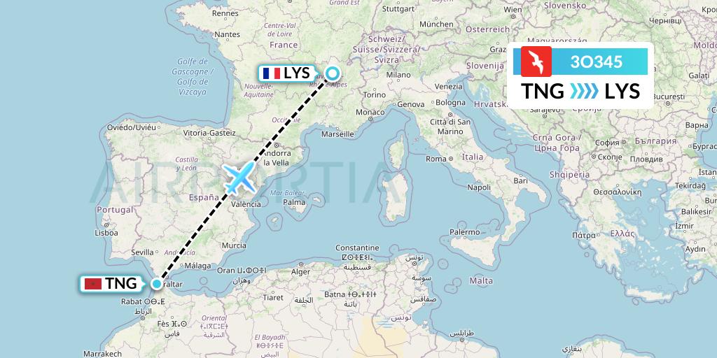 3O345 Air Arabia Maroc Flight Map: Tangier to Lyon