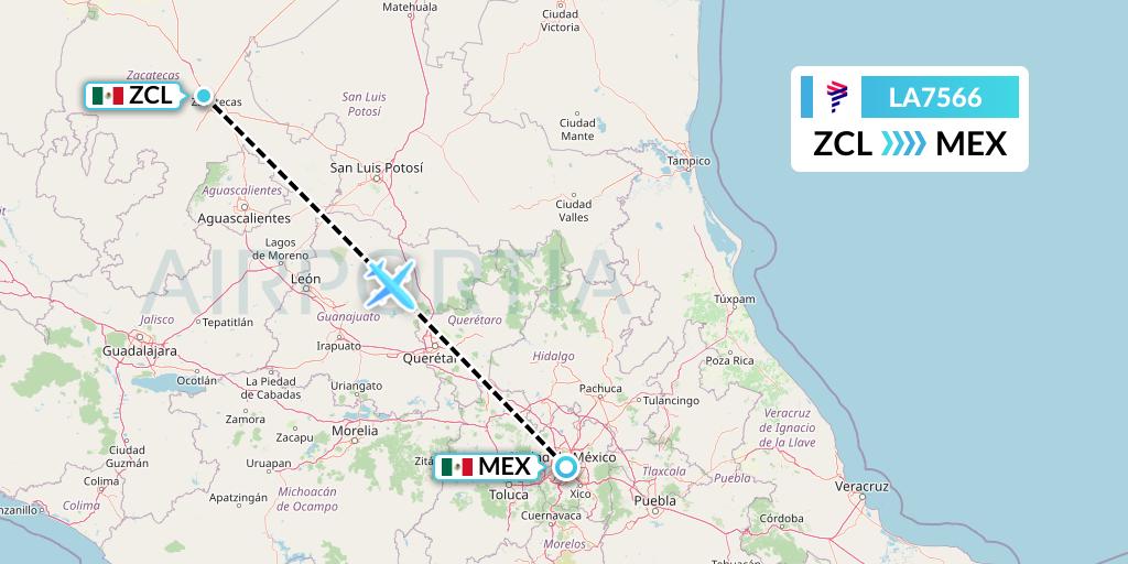 LA7566 LAN Airlines Flight Map: Zacatecas to Mexico City