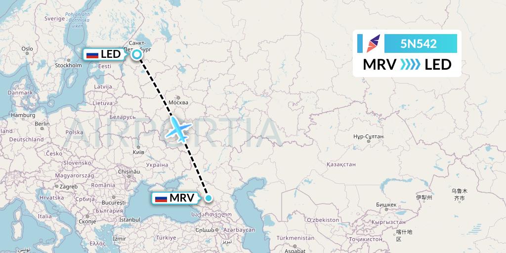 5N542 Nordavia Flight Map: Mineralnye Vody to St. Petersburg