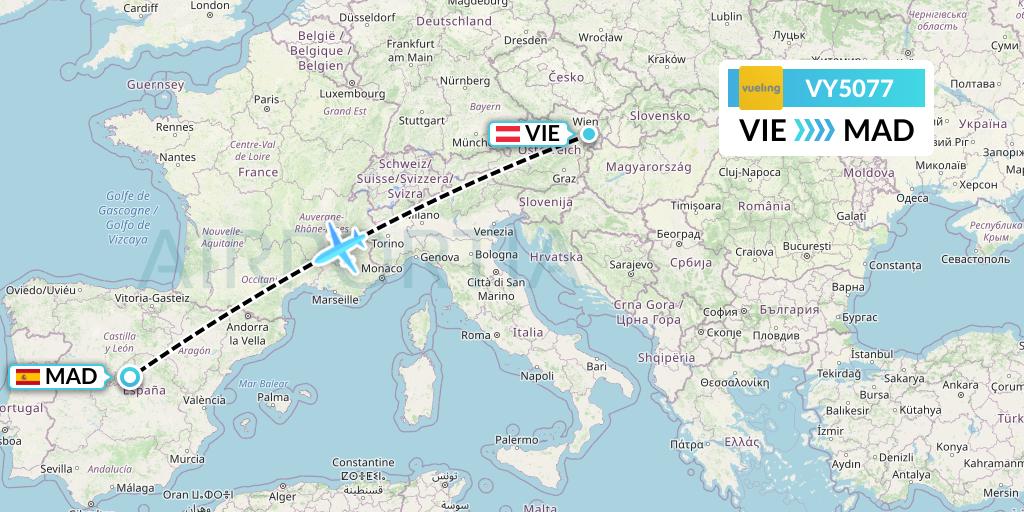 VY5077 Vueling Flight Map: Vienna to Madrid