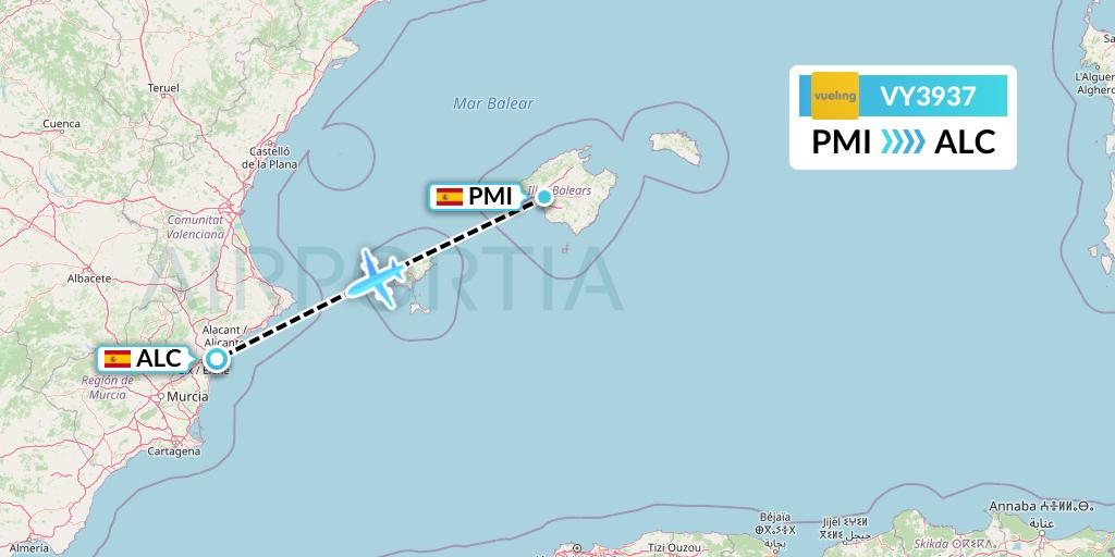 VY3937 Vueling Flight Map: Palma de Mallorca to Alicante