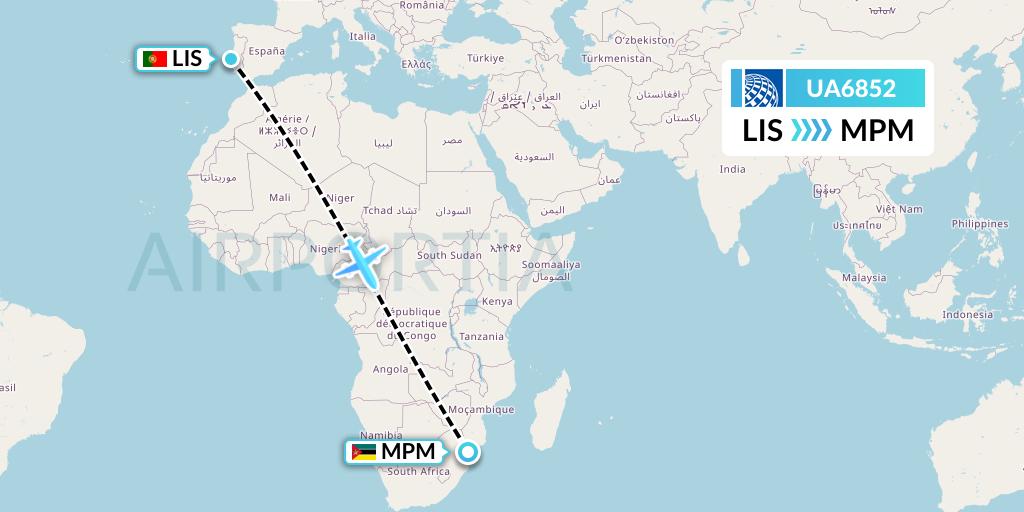 UA6852 United Airlines Flight Map: Lisbon to Maputo