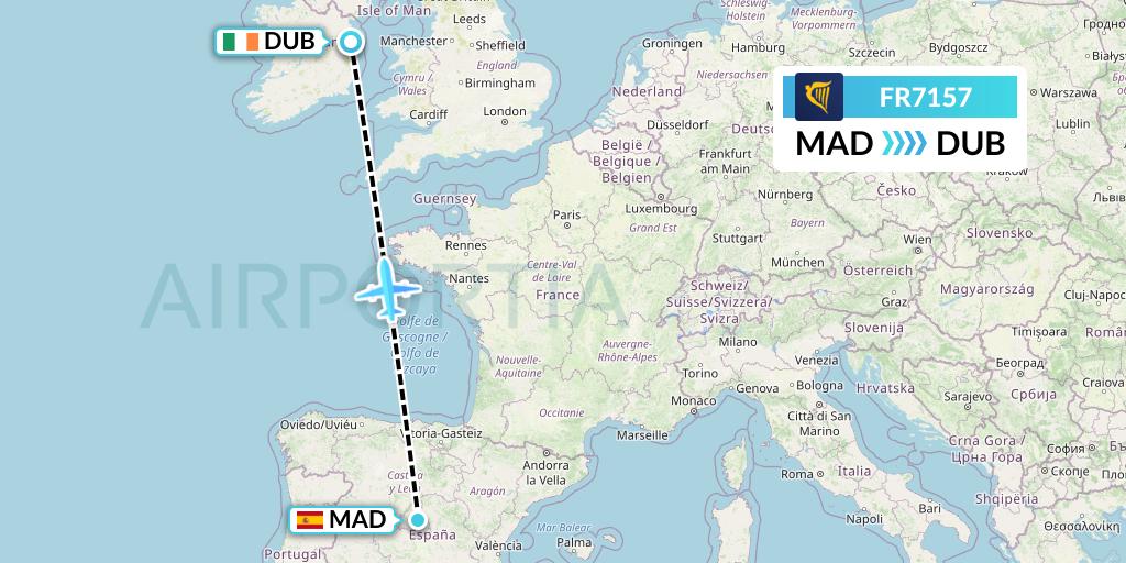 FR7157 Ryanair Flight Map: Madrid to Dublin