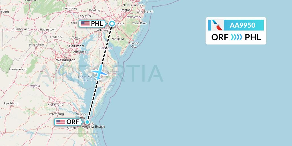 AA9950 American Airlines Flight Map: Norfolk to Philadelphia