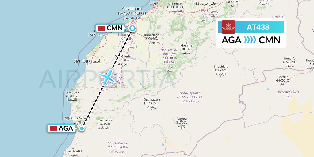 AT438 Royal Air Maroc Flight Map: Agadir to Casablanca