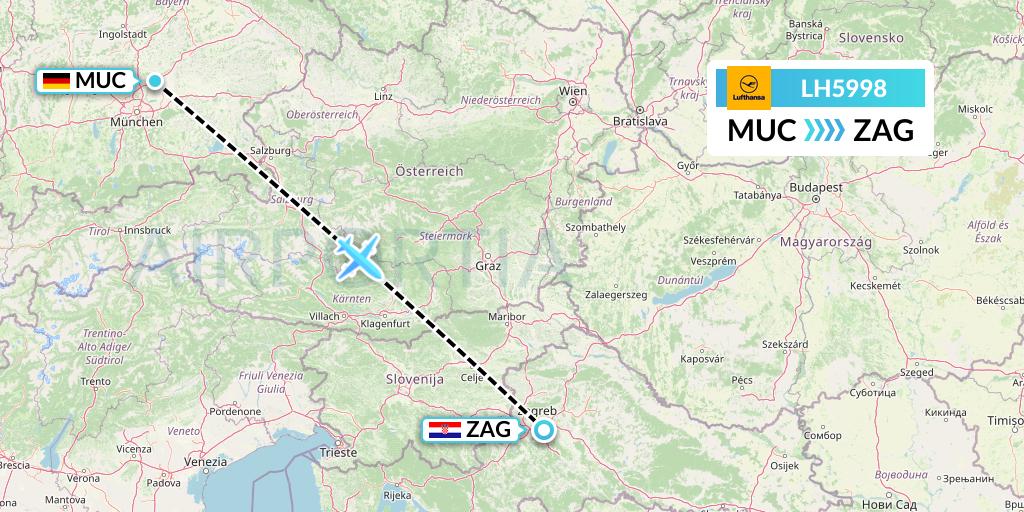 LH5998 Lufthansa Flight Map: Munich to Zagreb