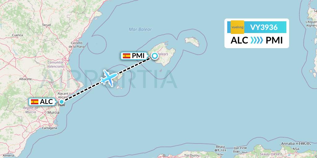 VY3936 Vueling Flight Map: Alicante to Palma de Mallorca