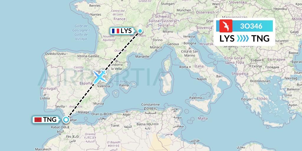 3O346 Air Arabia Maroc Flight Map: Lyon to Tangier