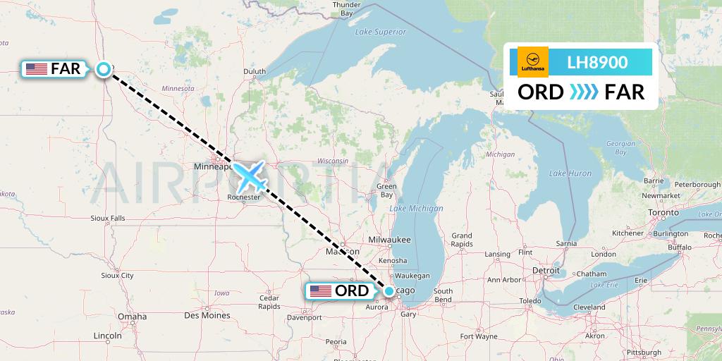 LH8900 Lufthansa Flight Map: Chicago to Fargo