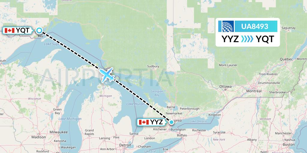 UA8493 United Airlines Flight Map: Toronto to Thunder Bay