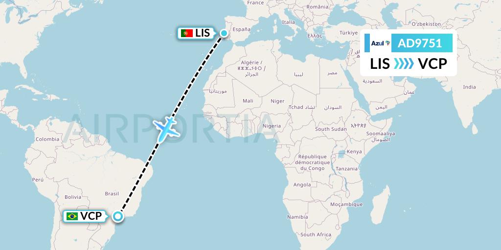 AD9751 Azul Brazilian Airlines Flight Map: Lisbon to Campinas