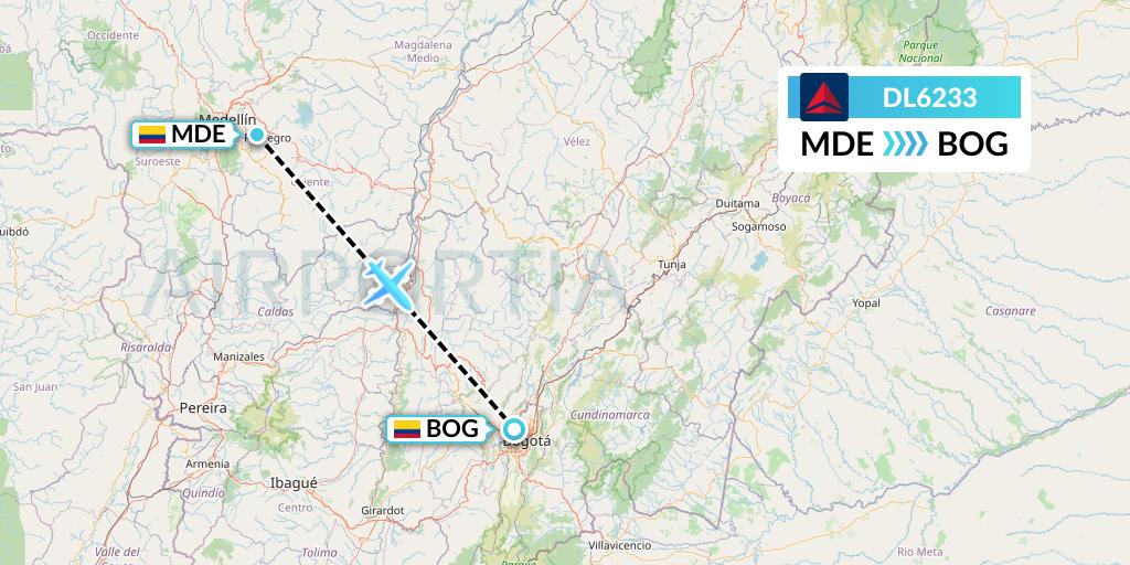 DL6233 Delta Air Lines Flight Map: Medellin to Bogota