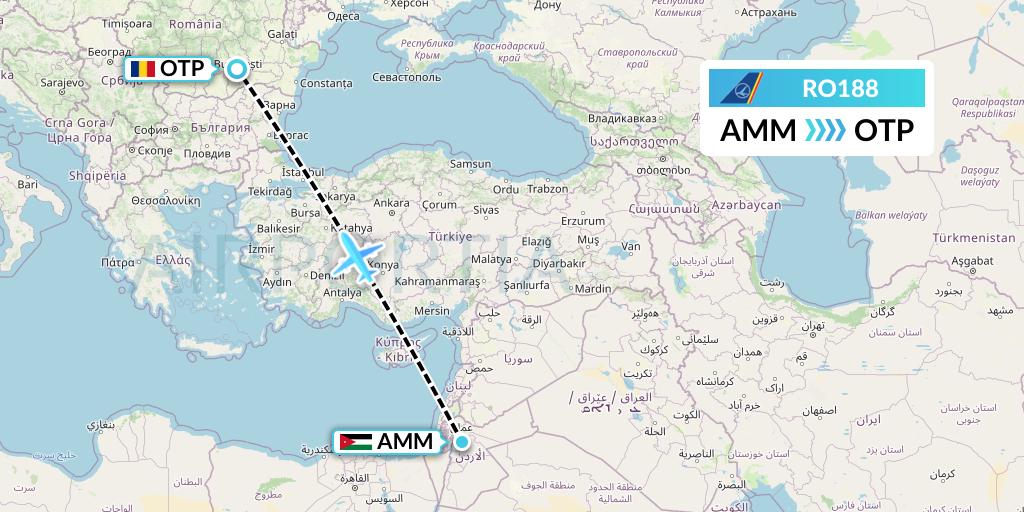 RO188 Tarom Flight Map: Amman to Bucharest