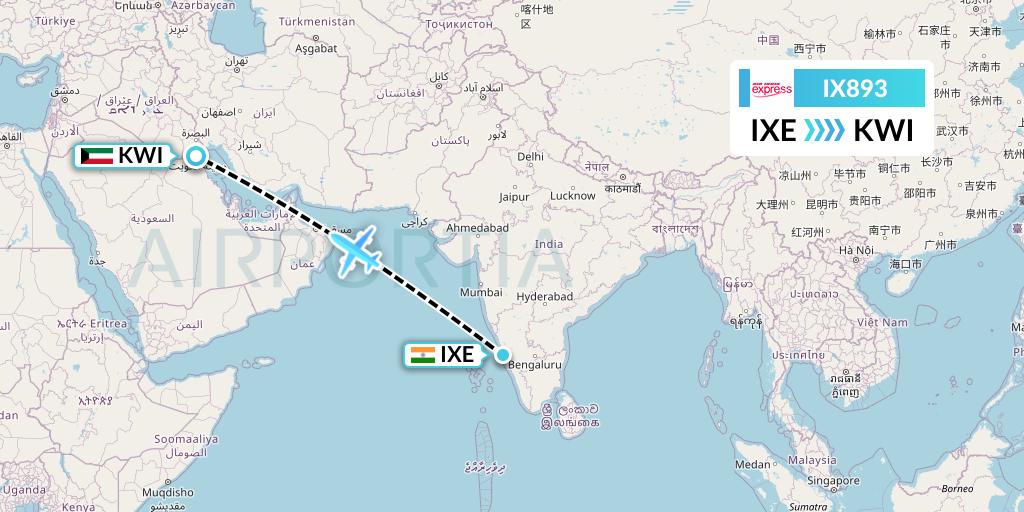 IX893 Air India Express Flight Map: Mangalore to Kuwait City