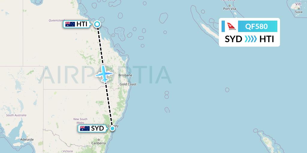 QF580 Qantas Flight Map: Sydney to Hamilton Island