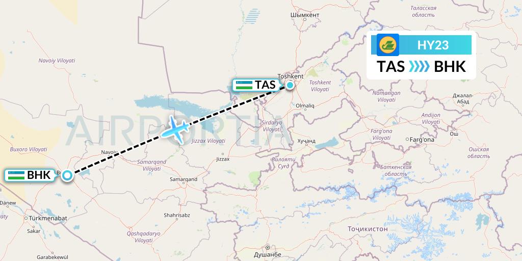 HY23 Uzbekistan Airways Flight Map: Tashkent to Bukhara