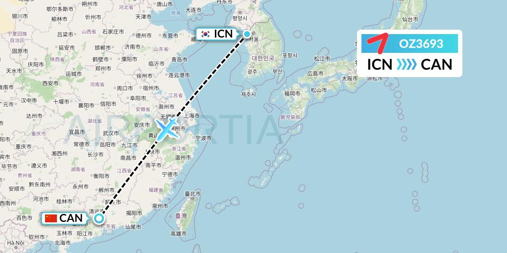 OZ3693 Asiana Airlines Flight Map: Seoul to Guangzhou