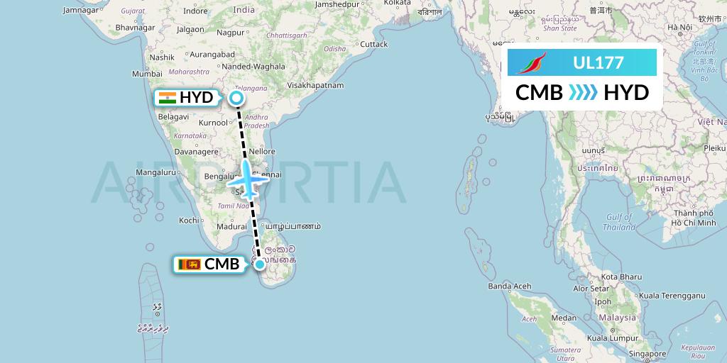 UL177 SriLankan Airlines Flight Map: Colombo to Hyderabad