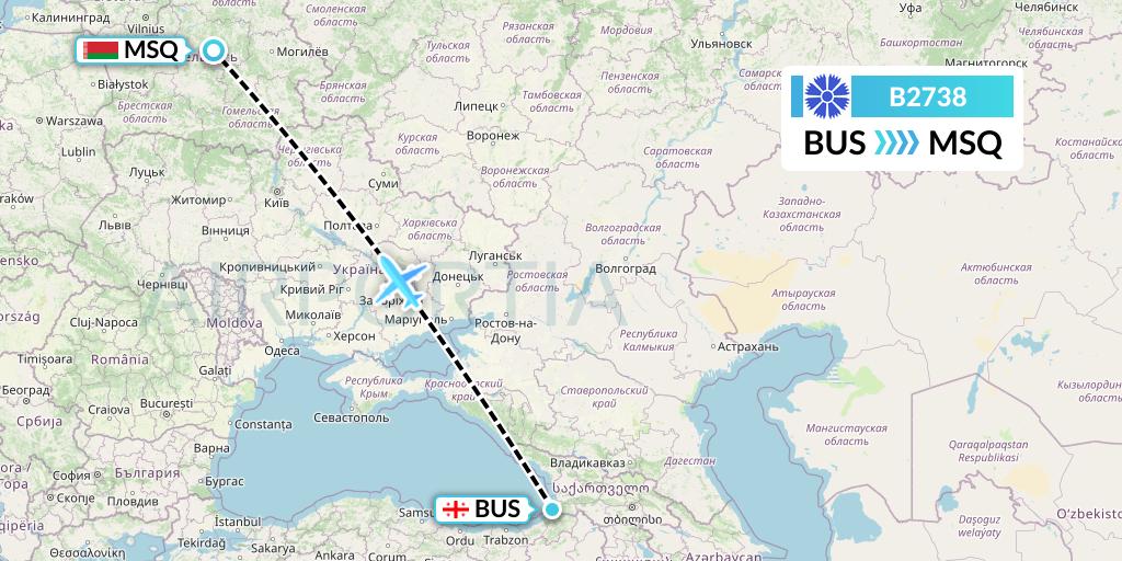 B2738 Belavia Flight Map: Batumi to Minsk