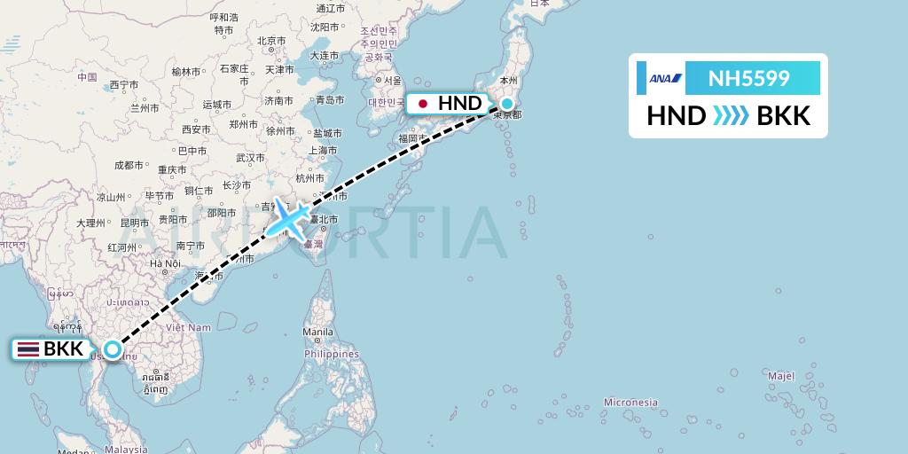 NH5599 All Nippon Airways Flight Map: Tokyo to Bangkok