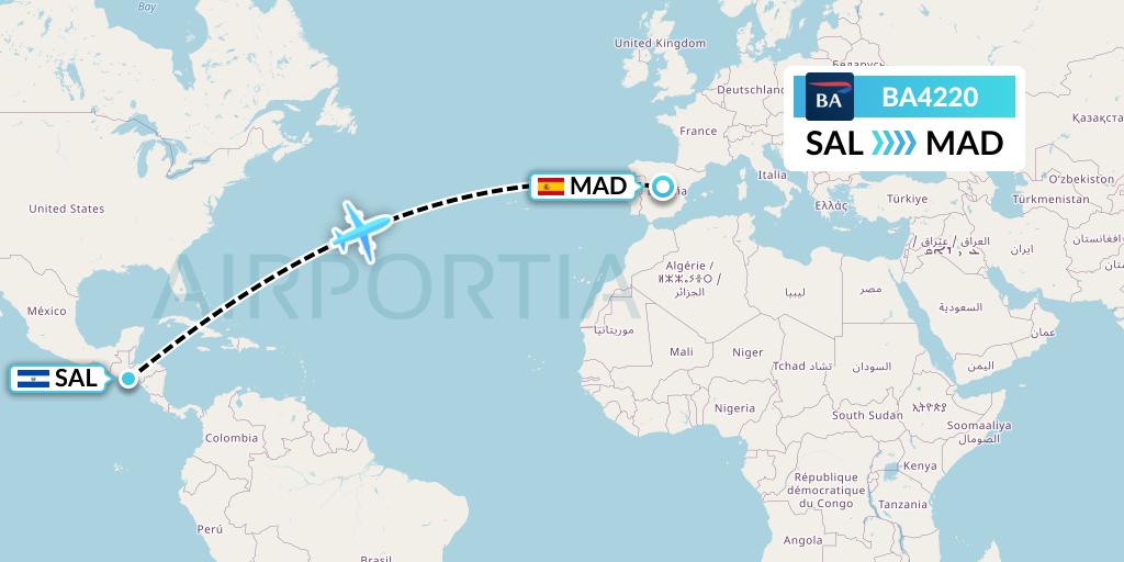 BA4220 British Airways Flight Map: San Salvador to Madrid