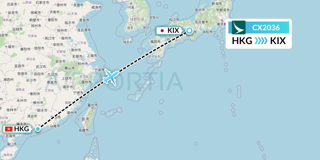 CX2036 Cathay Pacific Flight Map: Hong Kong to Osaka
